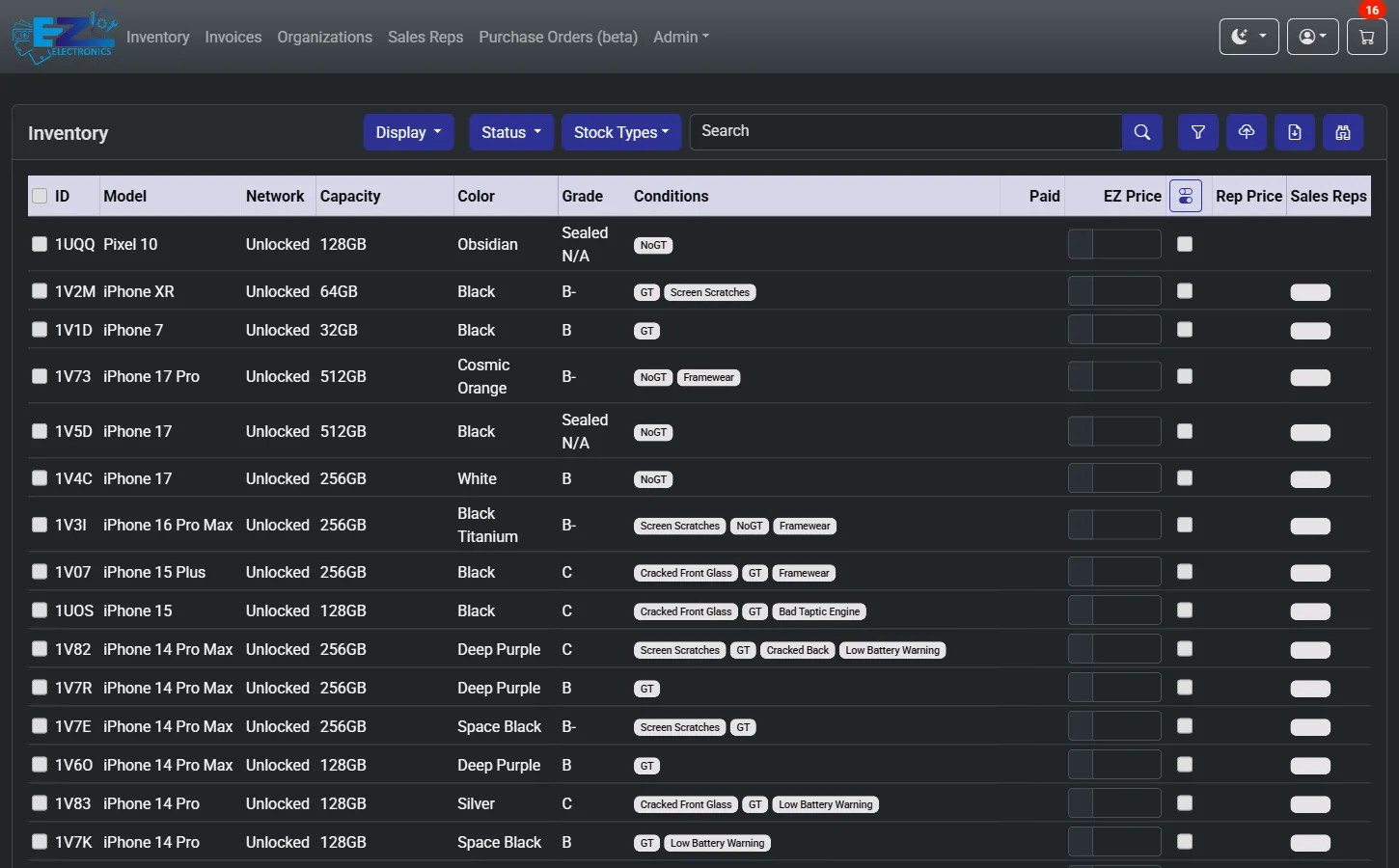 EZ Electronics inventory management dashboard